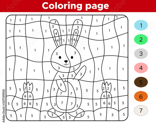 Coloring page by numbers. Cute kawaii rabbit with carrots. Happy Easter. Educational game.