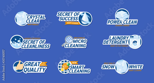 Washing clothes stickers set. Washing label - crystal clear, snow-white, laundry detergent, great quality, smart cleaning. Advertising of clean linen, detergent, washing powder vector