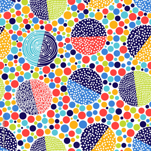 Decorative abstract polka dots in the style of the 60s.. Cheerful polka dot vector seamless pattern. Can be used in textile industry, paper, background, scrapbooking.