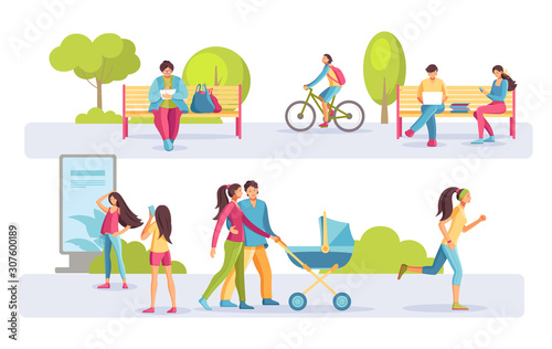 Working with electronic devices, cycling, athletics, photo shoot, and family walks in a public park. People family together elderly kids relax in city park active lifestyle sports vector illustration