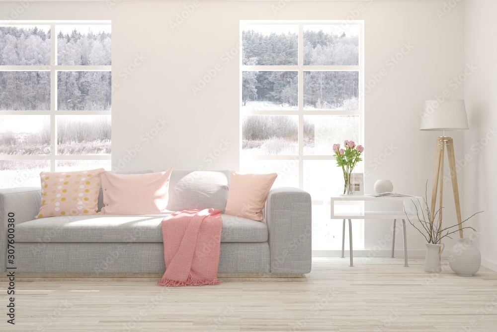 Stylish room in white color with sofa and winter landscape in window. Scandinavian interior design. 3D illustration Stylish room in white color with sofa and winter landscape in window. Scandinavian interior design. 3D illustration