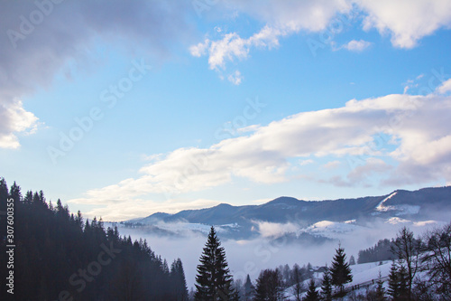 Winter mountain landscape. Mountains in the snow. The first snow in the mountains. © julialototskaya
