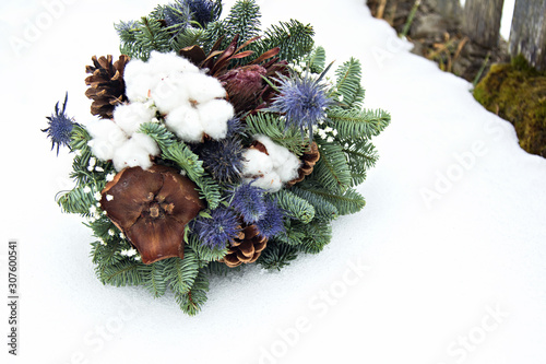 Wallpaper Mural Winter bouquet of the bride. Fir branches, cotton flowers in a bride's bouquet Torontodigital.ca