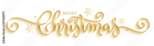 MERRY CHRISTMAS gold metallic brush calligraphy banner with snowflakes