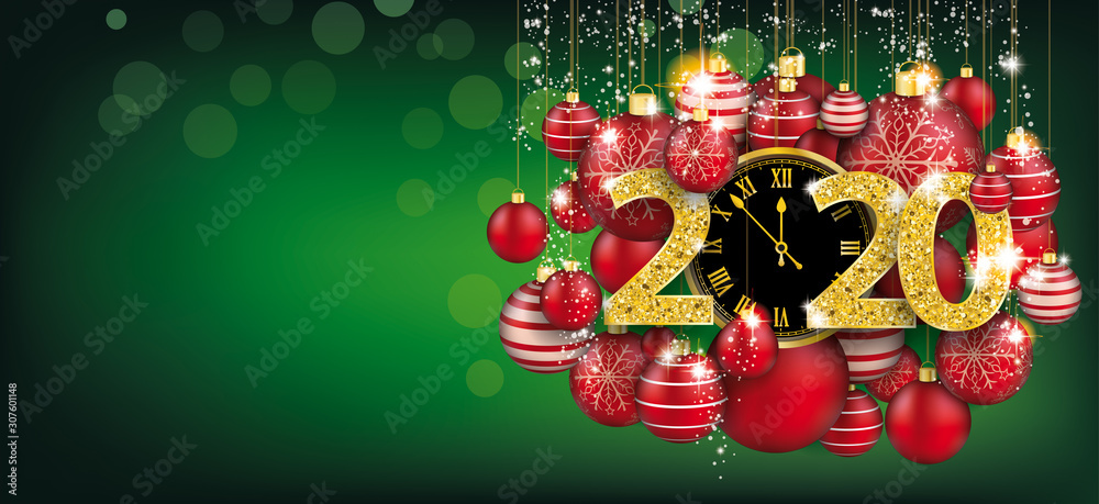 Fototapeta premium Hanging Red Baubles Green Christmas Golden Clock 2020 Header