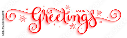 SEASON'S GREETINGS red vector brush calligraphy banner with snowflakes photo