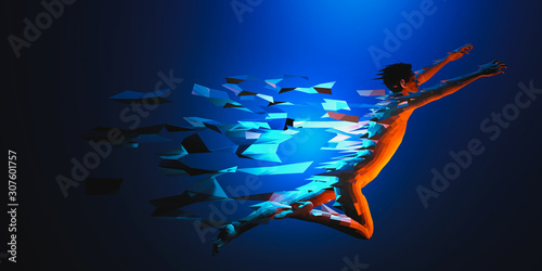 Low polygonal man with traingle particle on gradient background in blue color. Speed, run, sport web banner, poster concept. 3D illustration photo