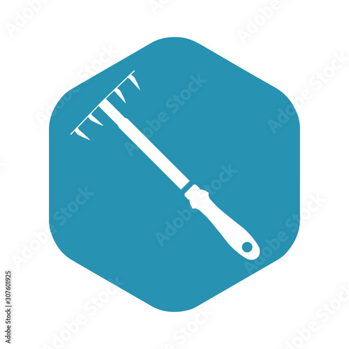 Small rake icon. Tool for collecting dead leaves and loosening the soil when working in the garden and plants. Vector illustration in simple style isolated for design and web.