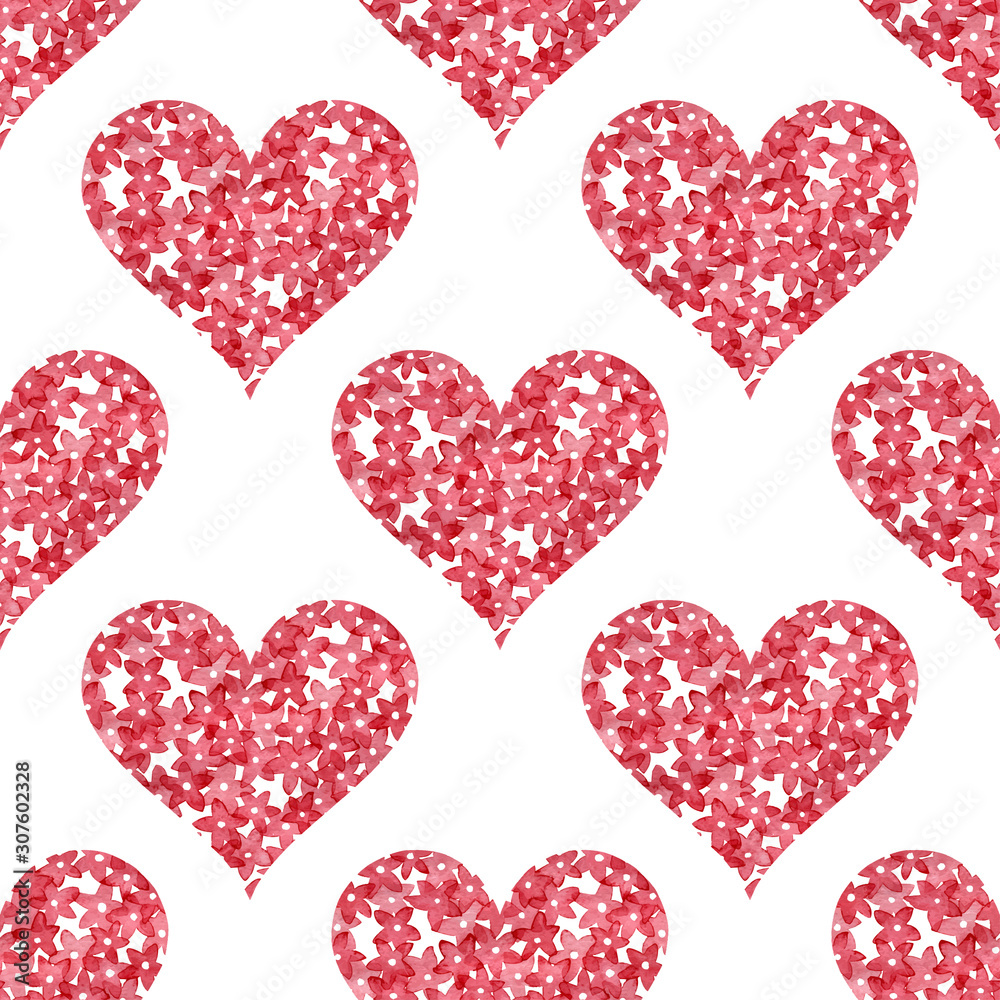 Red watercolor hearts on a white background seamless pattern. Cute flower bouquets. Print for the day of lovers, for Valentine's Day, for the wedding. Vector illustration. Red watercolor hearts on a white background seamless pattern. Cute flower bouquets. Print for the day of lovers, for Valentine's Day, for the wedding. Vector illustration.