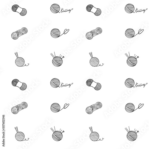 seamless pattern with yarn balls, wool and tools, lettering words knitting. Vector Illustration 
