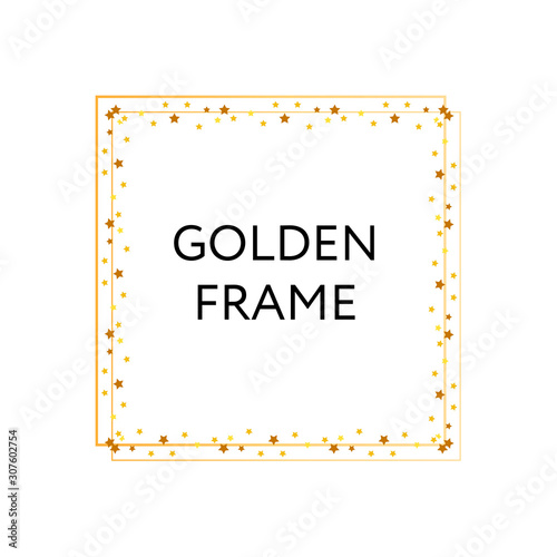 Vector golden frame. Shining rectangle banner. Isolated on black transparent background. Vector illustration, eps 10.