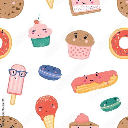 Cute sweets seamless pattern. Desserts colorful backdrop. Ice cream cones, popsicles, cupcakes, macaroons and eclair with custard and frosting on white background. Wrapping paper flat vector design.