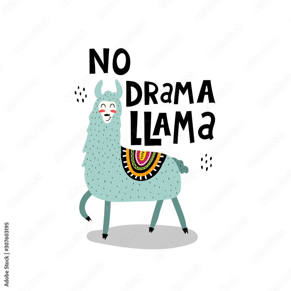 No drama llama hand drawing lettering. caricature lama with decorative