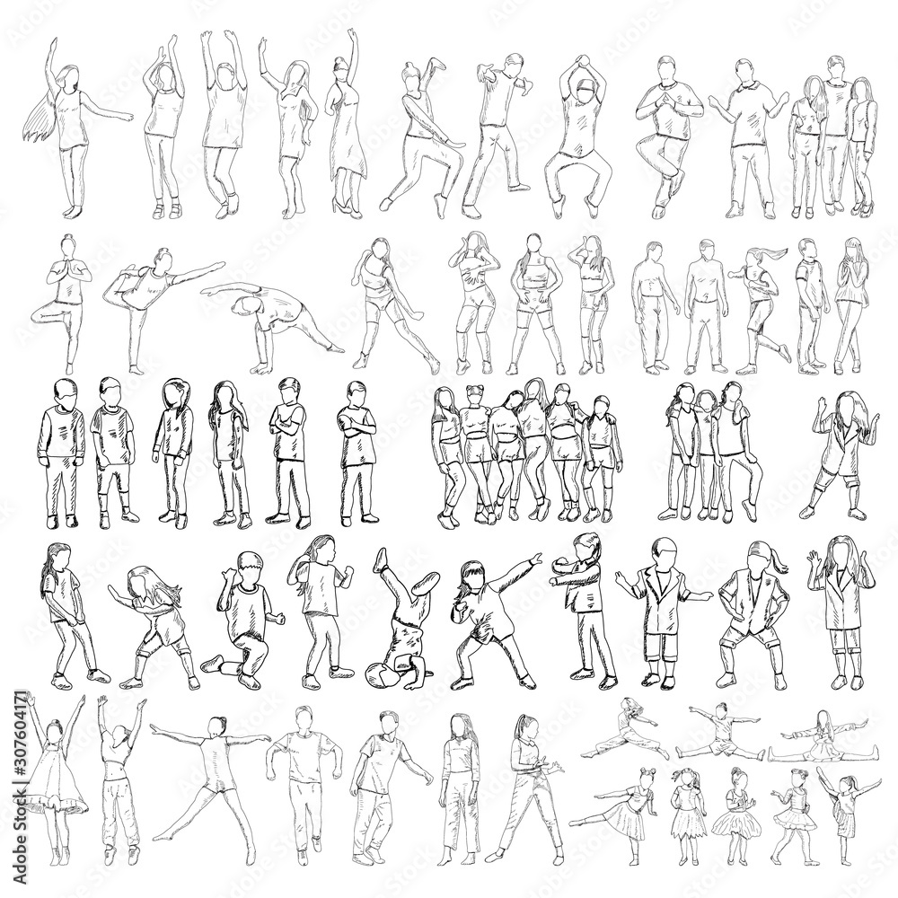 vector, white background, sketch people dance set