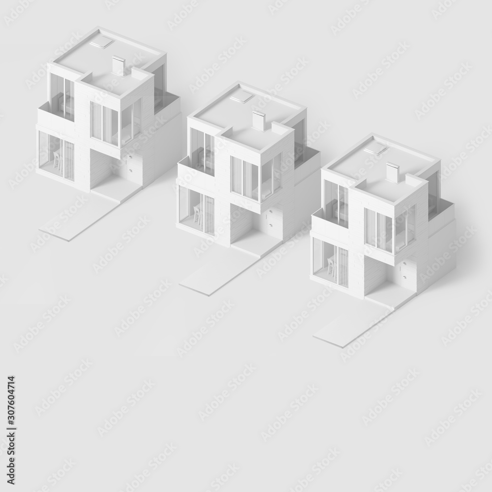 Background with isometric image of modern small houses on a rich blue background. 3D illustration