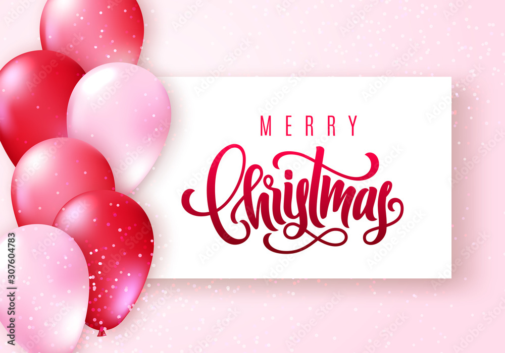 Merry Christmas lettering. Elegant greeting card with realistic glossy flying balloons and sparkling confetti on lighten pink pastel background. Vector illustration
