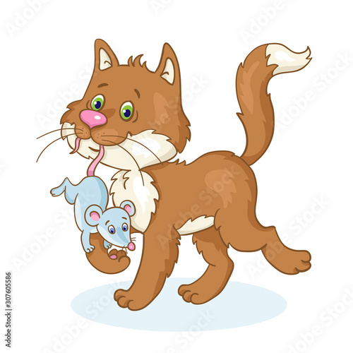 A brown cute cat goes with a mouse in his mouth. In cartoon style. Isolated on white background. Vector illustration.