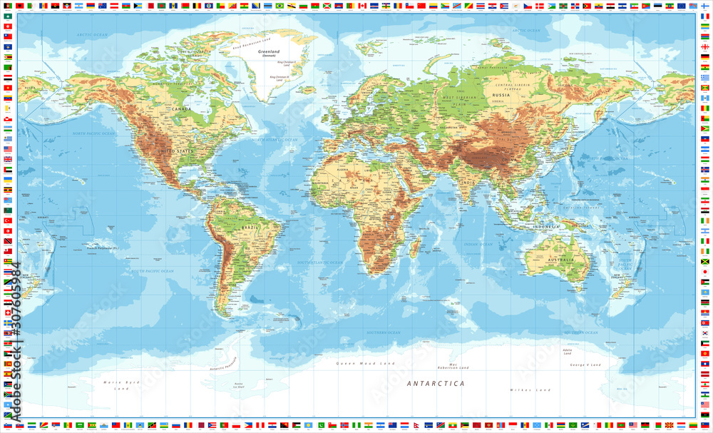 Obraz Mapa świata i flagi - Fizyczna topografia - wektor Szczegółowa ilustracja