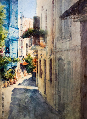 Rethymnon Crete  Greece. Watercolor illustration of a street in a European city