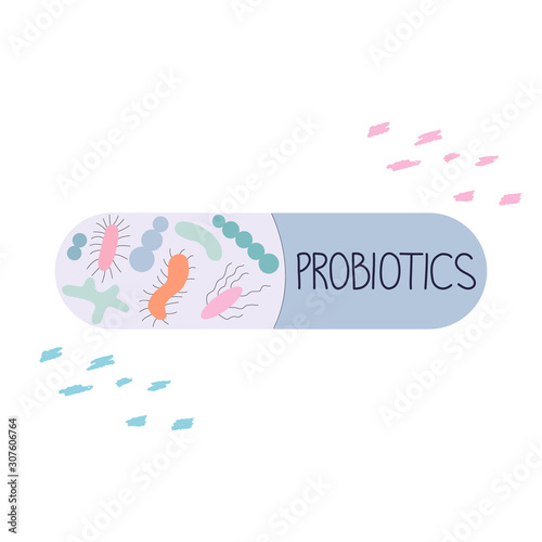Capsule with good microorganisms and note probiotics in outline style illustration.