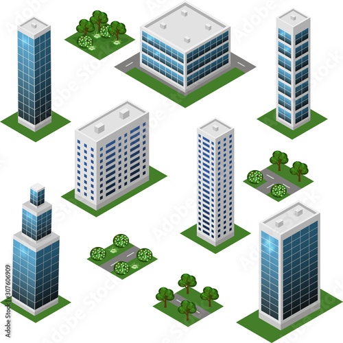 Isometric city set. Urban landscape 3d elements to design cityscape. Big modern buildings, street, trees, town garden. Vector illustration