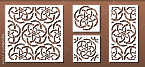 Set of laser cut templates with geometric pattern.  For metal cutting, wood carving, panel decor, paper art, stencil or die for fretwork, card background design. Vctor illustration