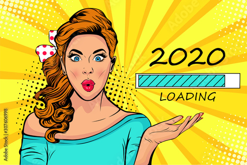Waiting for new year. Blonde girl looking at 2020 loading process. Pop art retro comic style vector illustration.