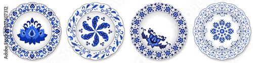 Set of blue porcelain plates, floral pattern with Chinese motives
