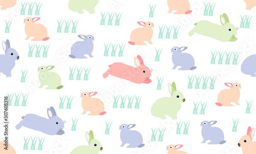 Childish seamless pattern with pastel color rabbits. Trendy vector background. Perfect for kids apparel, fabric, textile, nursery decoration, wrapping paper.