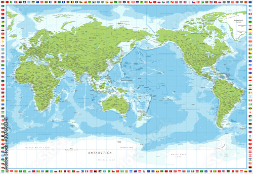 World Map and Flags - Pacific View - Physical Topographic - Vector Detailed Illustration