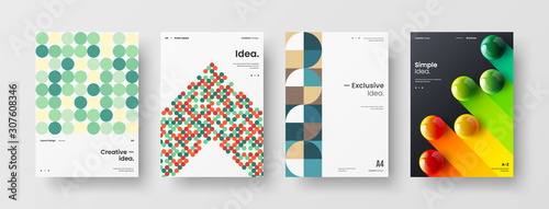 Business presentation vector A4 vertical orientation front page mock up set. Corporate report cover abstract geometric illustration design layout bundle. Company identity brochure template collection.