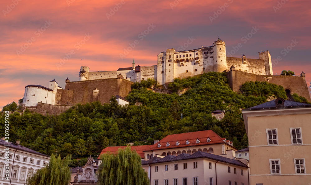 Famous Hohensalzburg Fortress on a hill in Salzburg, Austria