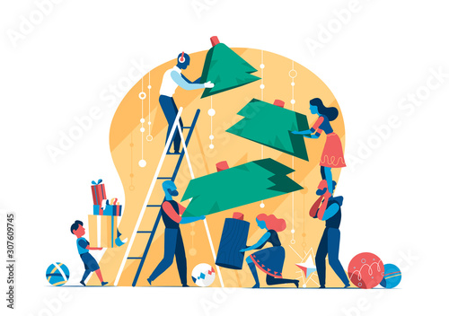 Family prepare to celebrate Christmas / New Year's Eve by making Christmas tree together