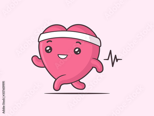 Cute running heart mascot kawaii vector cartoon illustration