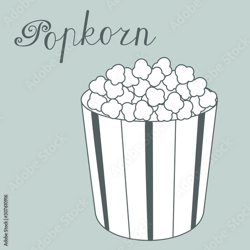 striped paper bucket with popcorn on a gray isolated background with the inscription, vector clip art
