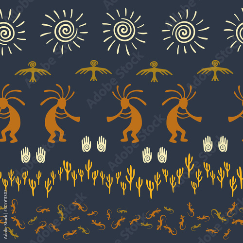 Folk  design with gecko  Kokopelli fertility god  sun  bird  cacti.