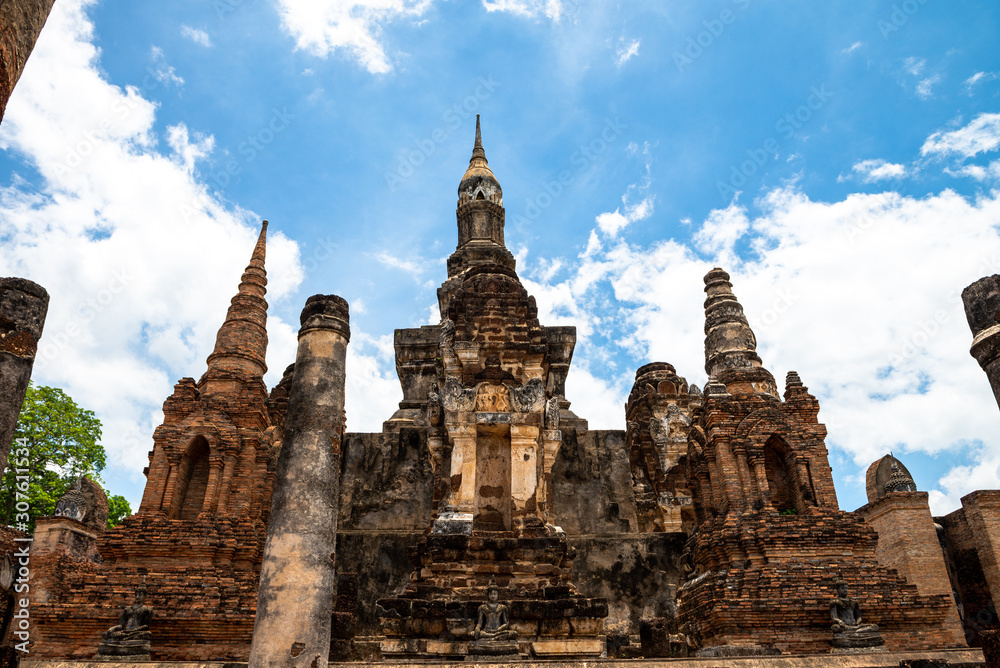 View of Buddha statue in Sukhothai temple, Thailand 2019