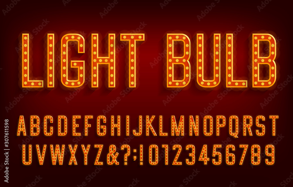 Light Bulb alphabet font. Shiny Letters and numbers with shadows. Vector typescript for your typography design. Light Bulb alphabet font. Shiny Letters and numbers with shadows. Vector typescript for your typography design.