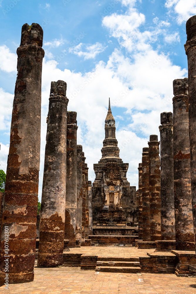 Naklejka premium View of Buddha statue in Sukhothai temple, Thailand 2019