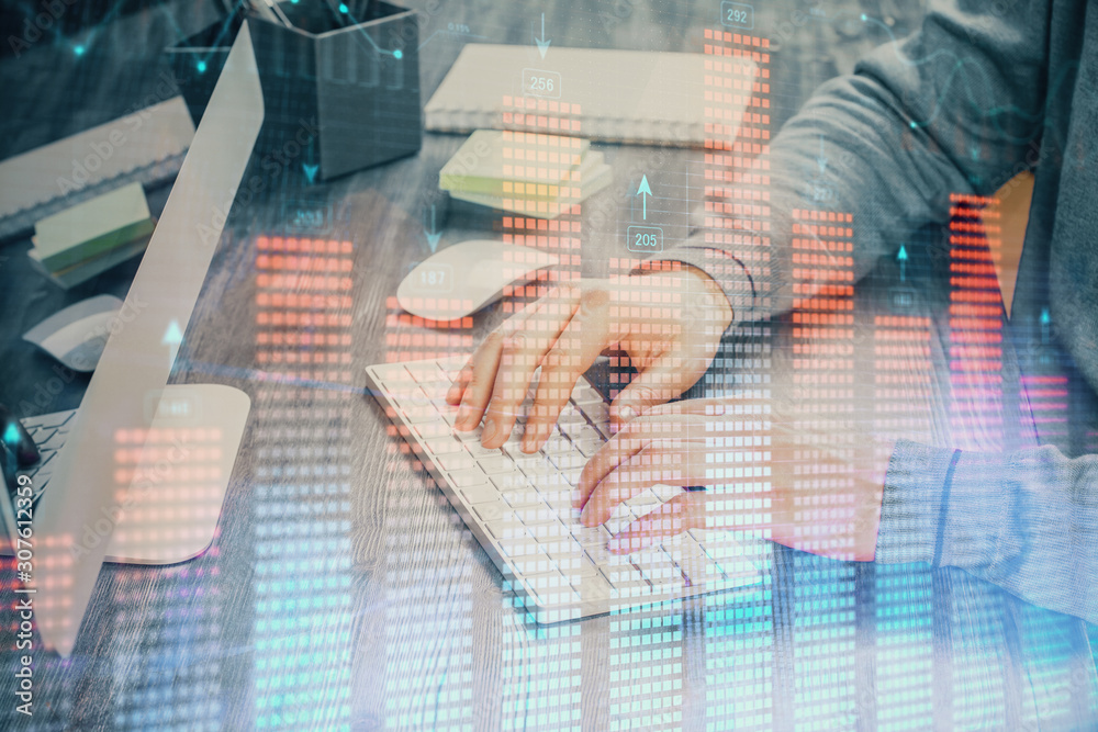 Double exposure of financial graph with man works in office on background. Concept of analysis. Double exposure of financial graph with man works in office on background. Concept of analysis.