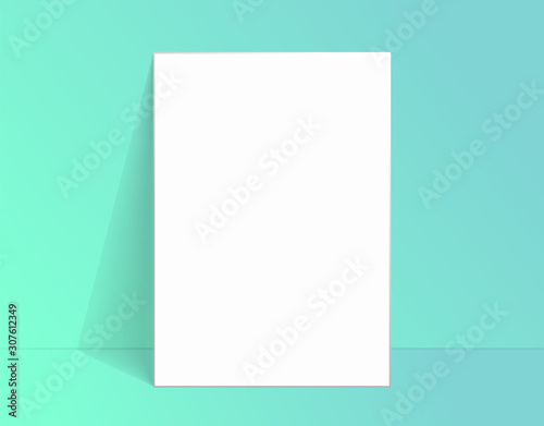 White poster mockup standing on the floor near Aqua Menthe color wall. Blank Canvas Mockup for design