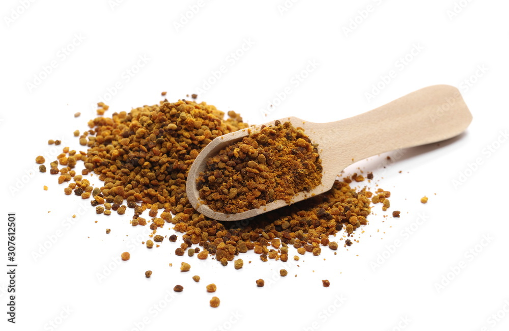 Propolis, pollen pile with wooden spoon, isolated on white background Propolis, pollen pile with wooden spoon, isolated on white background