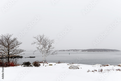 View of the coast of the Atlantic Ocean on a winter snowy day. Portland USA. Maine