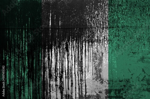 Nigeria flag depicted in paint colors on old and dirty oil barrel wall closeup. Textured banner on rough background photo