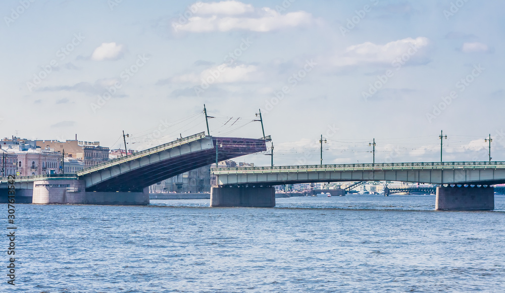Divorced span of the Liteyny Bridge close up. St. Petersburg. Russia