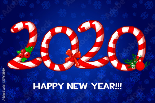 Happy new year 2020 text as candy cane and lollipop. Christmas greeting card.