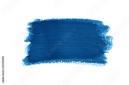 Closeup smear of blue paint isolated on white.