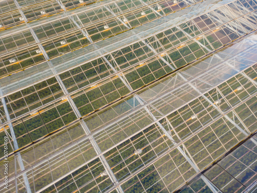 aerial view of a modern agricultural greenhouse in the Netherlands that uses artificial light to support the growth of the plants; Westland, Netherlands