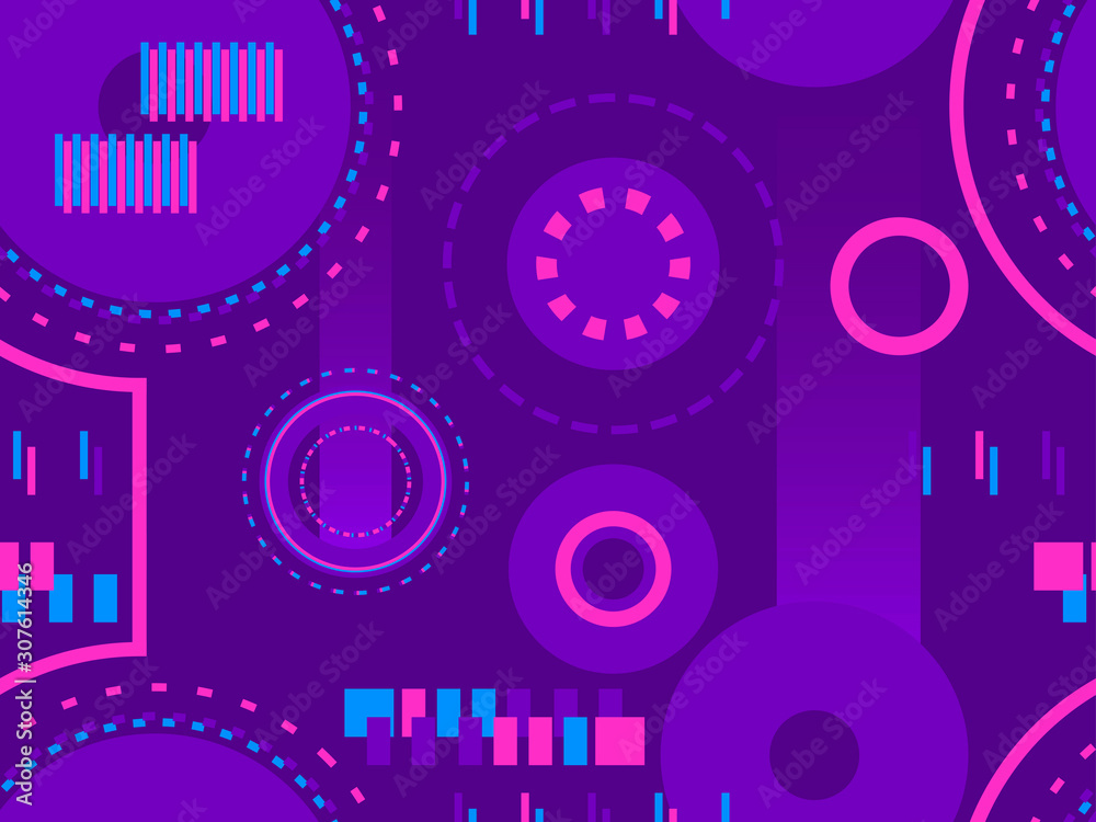 Seamless pattern in cyberpunk style, 80s retro futurism. Linear art and circles, dotted. Vector illustration