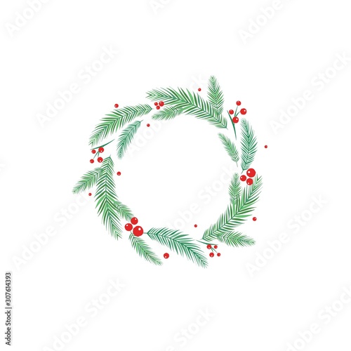 Round wreath with fir tree or spruce twigs and red berries. winter holiday garland.